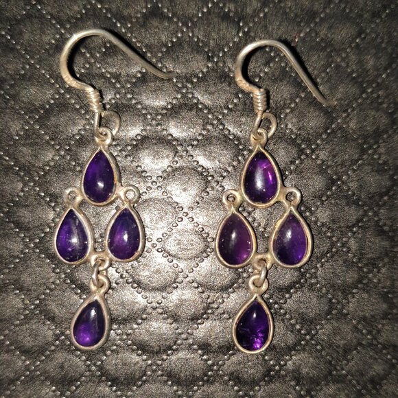 Gorgeous Vintage Victorian 8ct Natural Amethyst Cabochon Chandelier Earrings - Picture 1 of 11